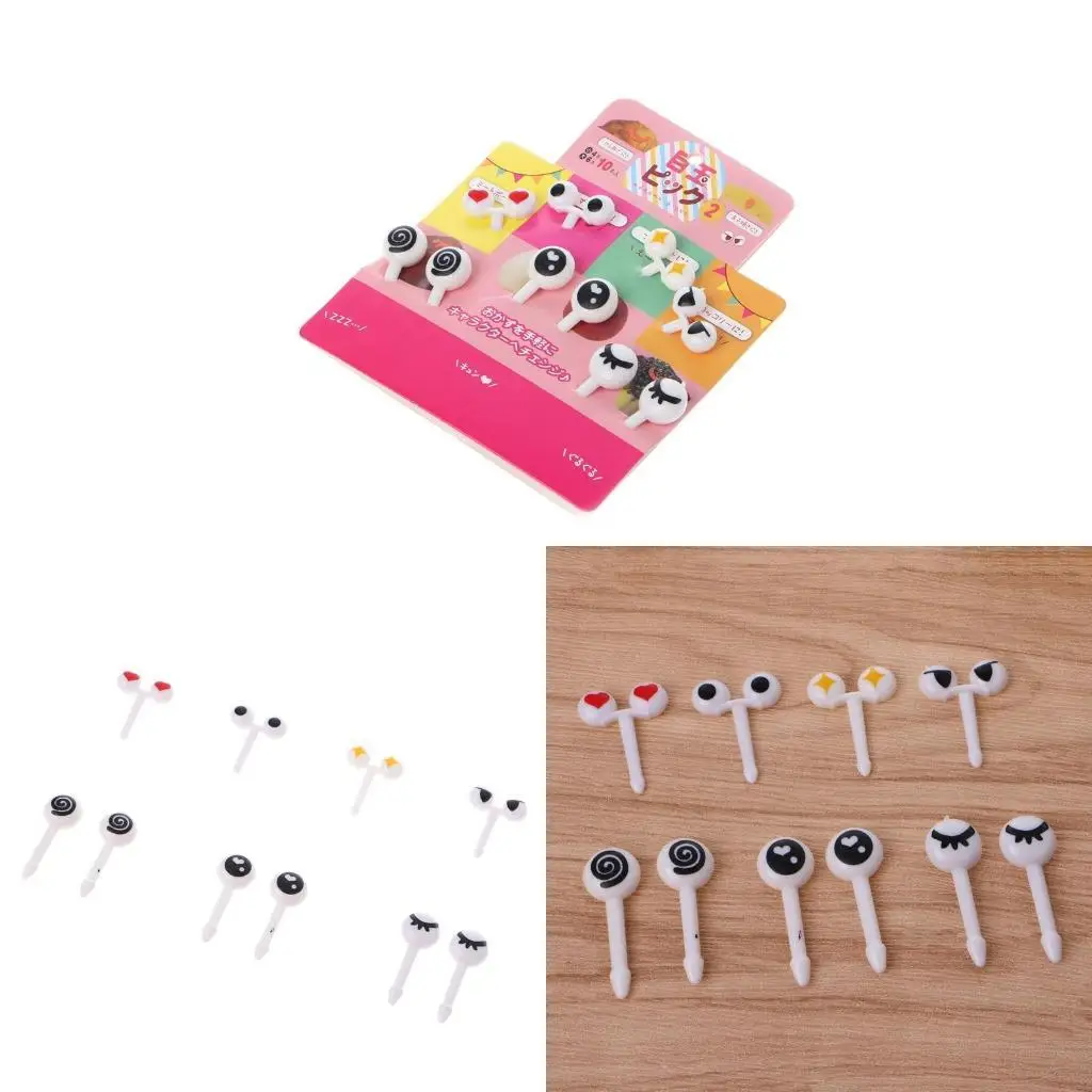 F19B 10Pcs Mini Cartoon Eye Fruit Fork Toothpick Tableware Bento Lunch Box Decor