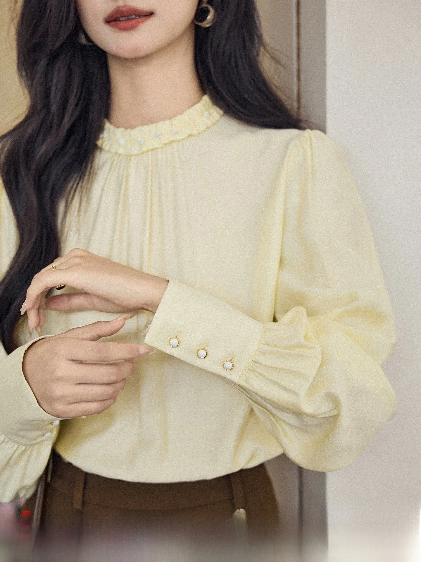 

Премиум-рубашка из шерсти с длинным рукавом и воротником-стойкой, в деловом французском стиле, летняя новинка, женская, прямого кроя