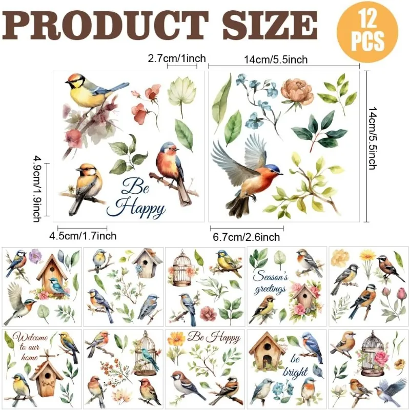 1Set 12 Sheets Bird Rub on Transfer Bird Birdhouse Rub on Transfer Stickers Spring Summer Rub on Decal Stickers for Wood Paper