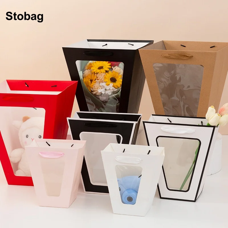 

StoBag 12pcs Kraft paper Gift Tote Bags with Window Flowers Packaging Handbag Cake Storage Reusable Pouch Birthday Party Favors