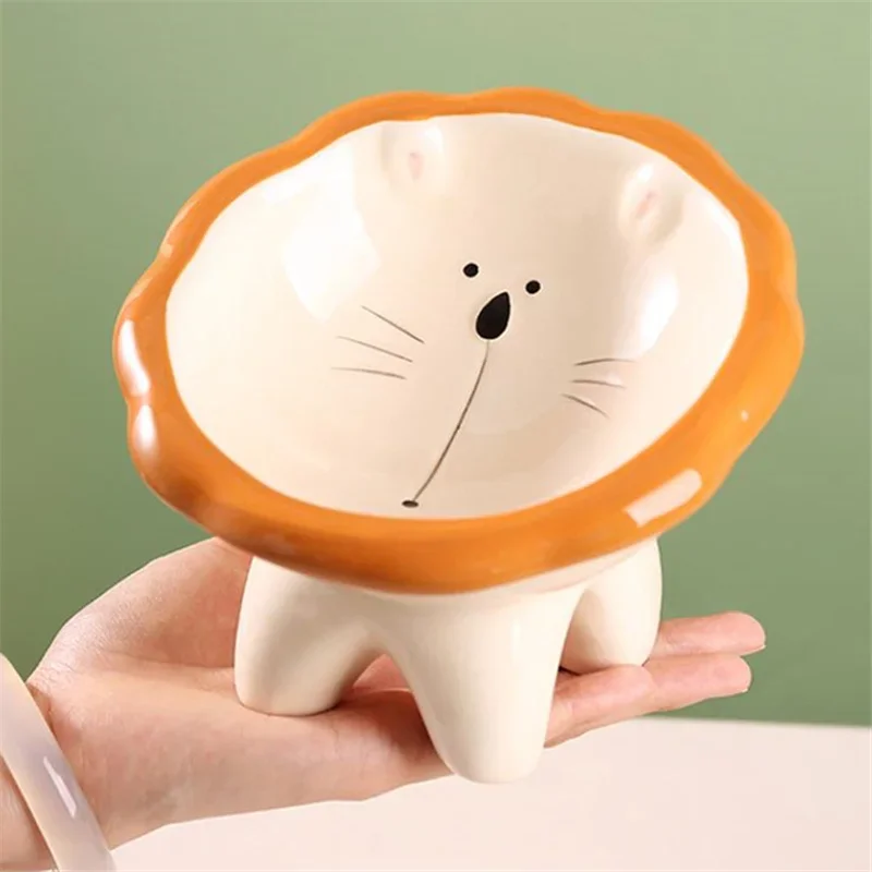 Fashion Cartoon Lion Cute Pet Bowl Eramic High Foot Neck Protection Feeder Multi-purpose Water and Food Container Cat Dog Bowl