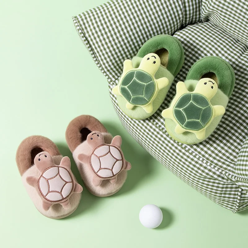 

Children Winter Fur Slippers New Cute Turtle Kids Shoes for Girl Cartoon Fashion Furry Warm Toddlers Causal Home Plush Slippers