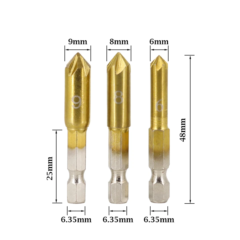 3/6Pcs HSS Chamfer Countersink Chamfer Drill Bit 90 Degree 1/4\