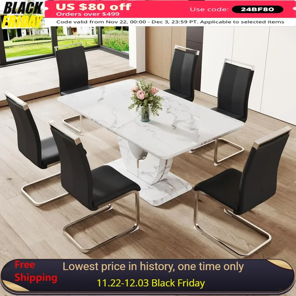 

Modern Dining Table Sets ,White Faux Marble Dining Room Tables Set for 6, Rectangle Kitchen Table Chairs Set