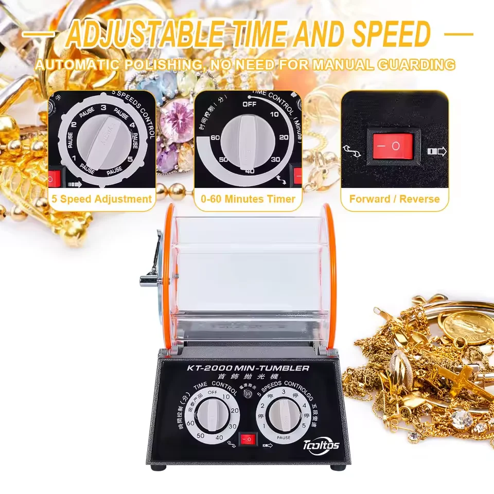 110V KT-2000 Electric Polisher Polishing Machine 60W 5KG Capacity Rotary Tumbler Jewelry Polishing Machine Metal Parts Finishing Tools 5 Speed Jewelry Polisher