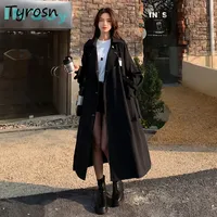 Black Trench Women British Style Buttons Drawstring Streetwear Fashion OL Casual Autumn Coats Warm Temperament Pockets Design