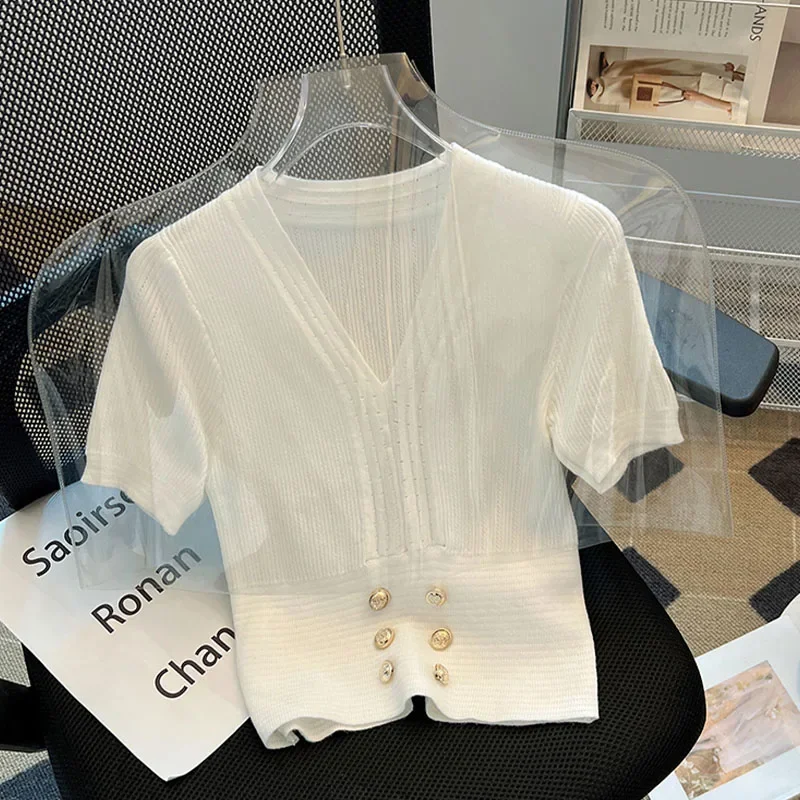 Button Decoration Ropa Mujer V-neck Knit 2026 Woman Clothing Summer New Fashion Clothes Short Sleeve T Shirt Bottomed Roupas