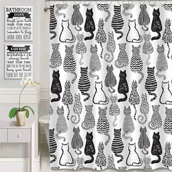 Black and White Cat Shower Curtains Set Cute Abstract Kitten Theme Woman and Girl Gifts Fabric Bath Curtain For Bathroom Decor