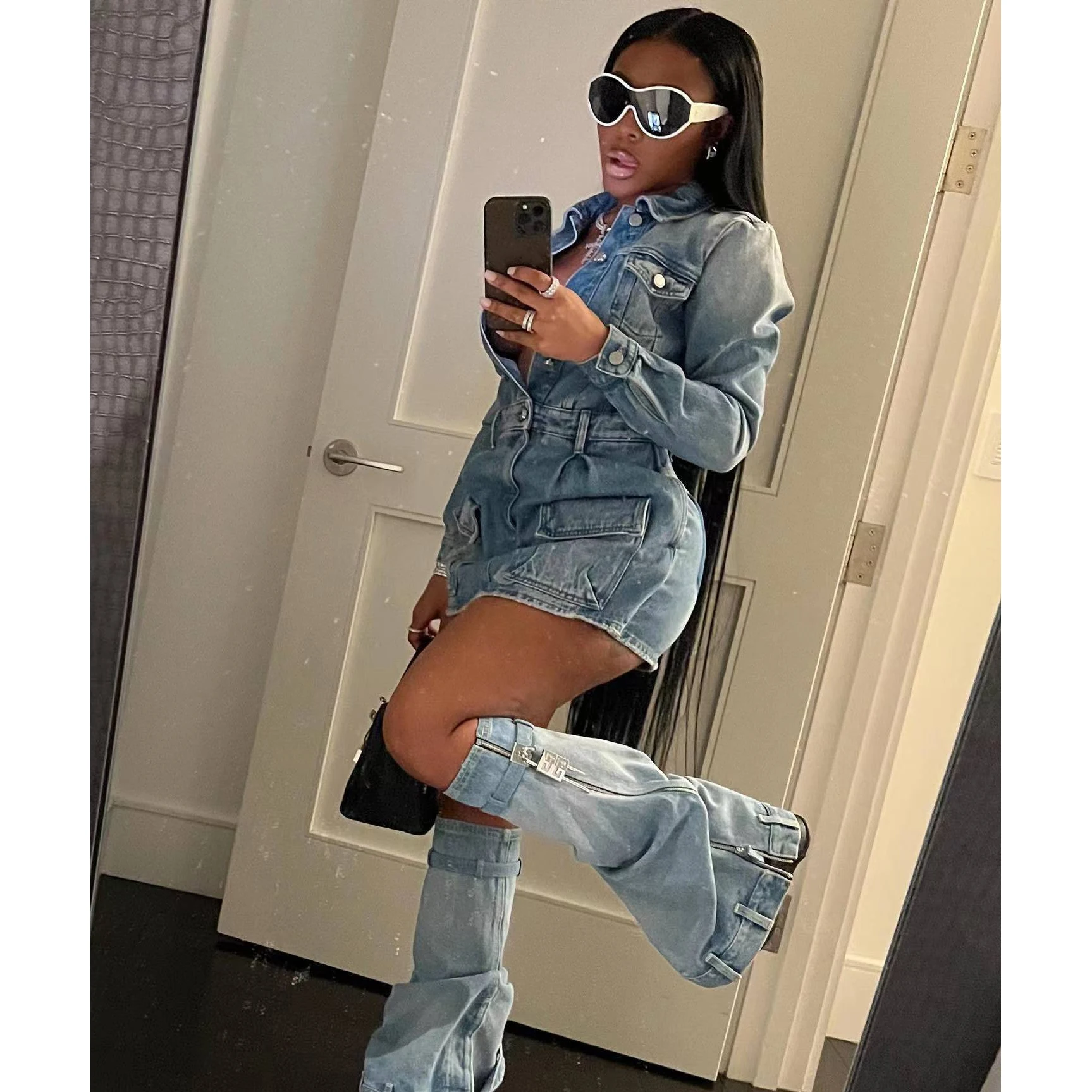 Denim Pocket Jean Jackets Dress 2 Piece Skirt Sets 2023 Winter Fall Y2K Streetwear Sexy Elegant Cargo Denim Two Piece Skirt Set