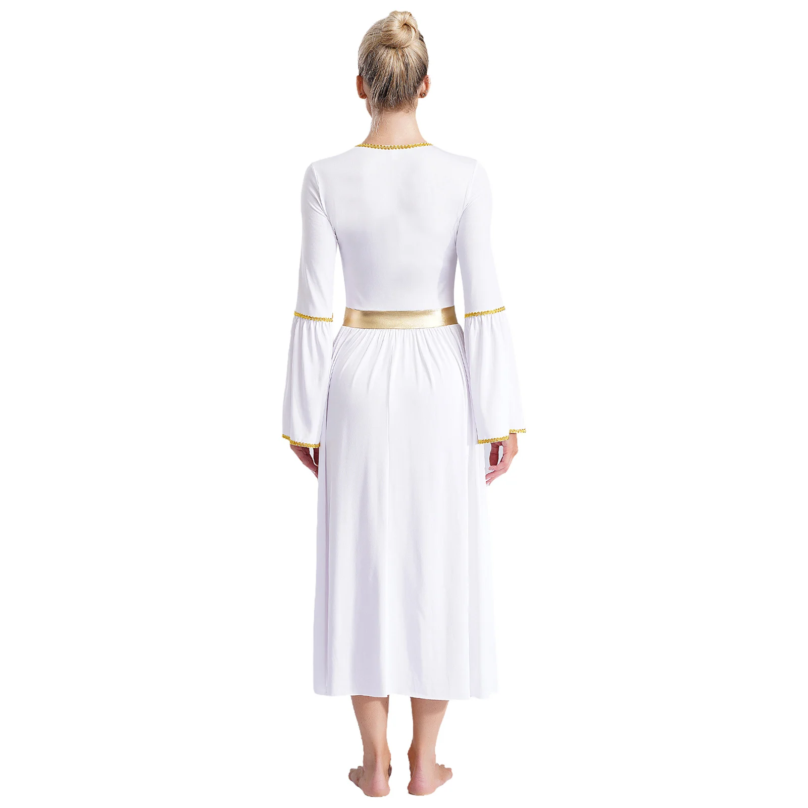 Women Halloween Angel Cosplay Costume Long Sleeve Gold Trim Dress Church Choir Worship Liturgical Gown for Theme Party Carnival