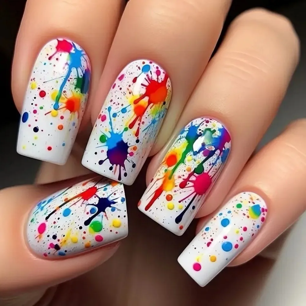 24 faux ongles carrés moyens à presser, motif éclaboussures de peinture artistique, imprimé graffiti coloré, amovibles, pour fête