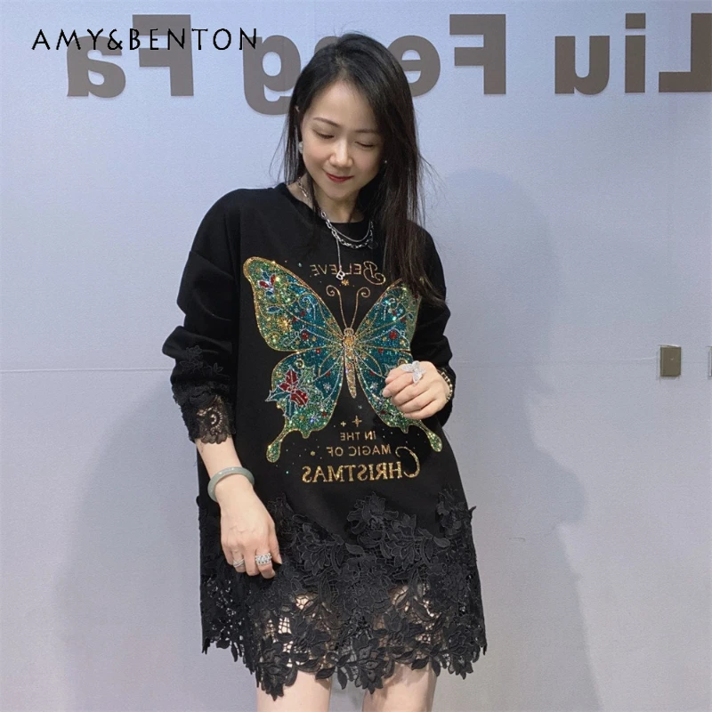 

European Style Women's Fashion Loose High-end Lace Patchwork Long Sleeve Top Autumn Winter Rhinestone O-Neck Mid-length T-shirt