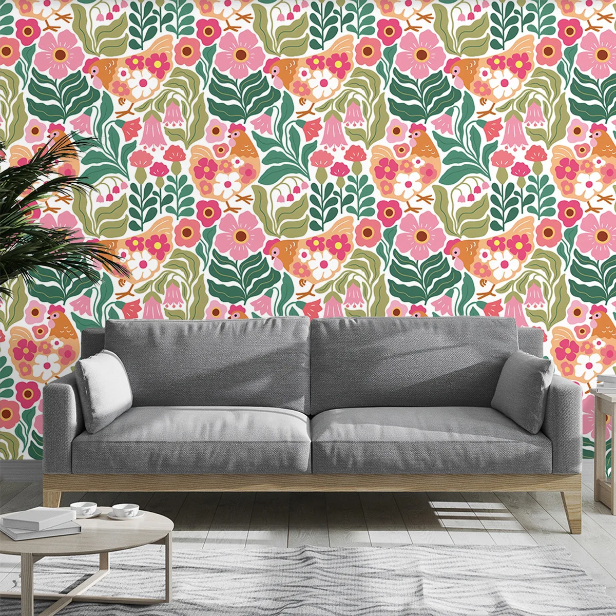 Chicken Floral Peel and Stick Wallpaper Self Adhesive Removable Farm Rooster Flowers Contact Paper for Bedroom Cabinet