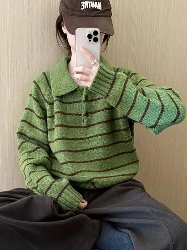 Green Contrast Stripe  Collar Long Sleeve Knitted Sweater Women's Casual Loose Fit Spring Autumn Seasonal Fashion Trend