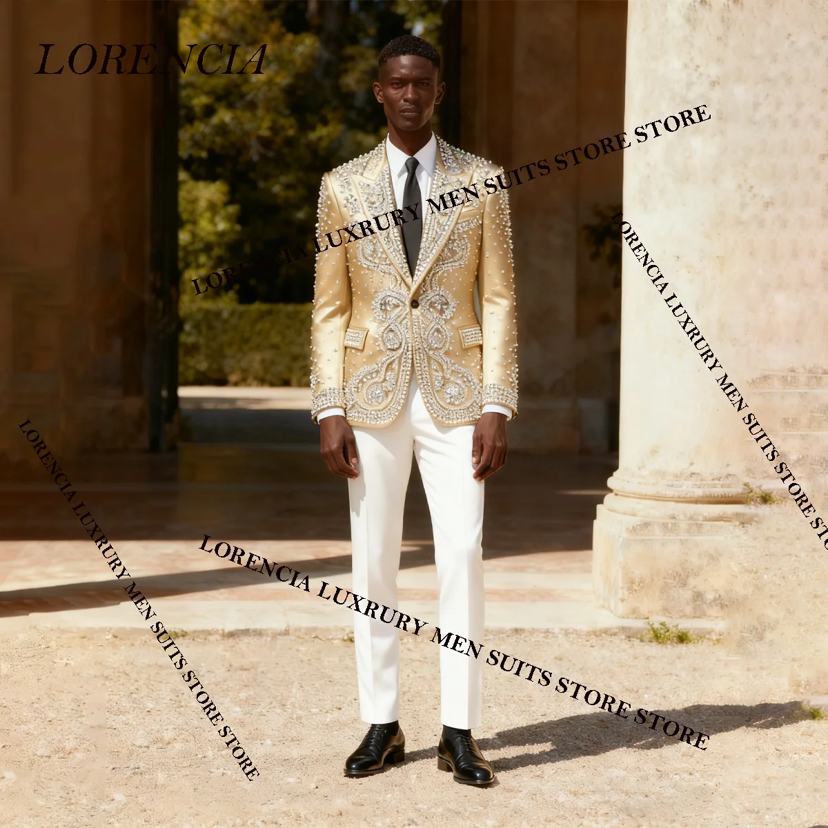 

African Ornament Rhinestones Men Customized Glitter Suits 2 Pieces Sets Groom Male Blazers Wedding Party Tuxedos Ropa hombre