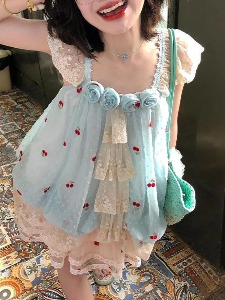 

Seaside Sand Beach Sweet Kawaii 2-piece Set Summer Loose Print Flower Bud Tops Women + Lovely New High-waist Short Skirt Suit