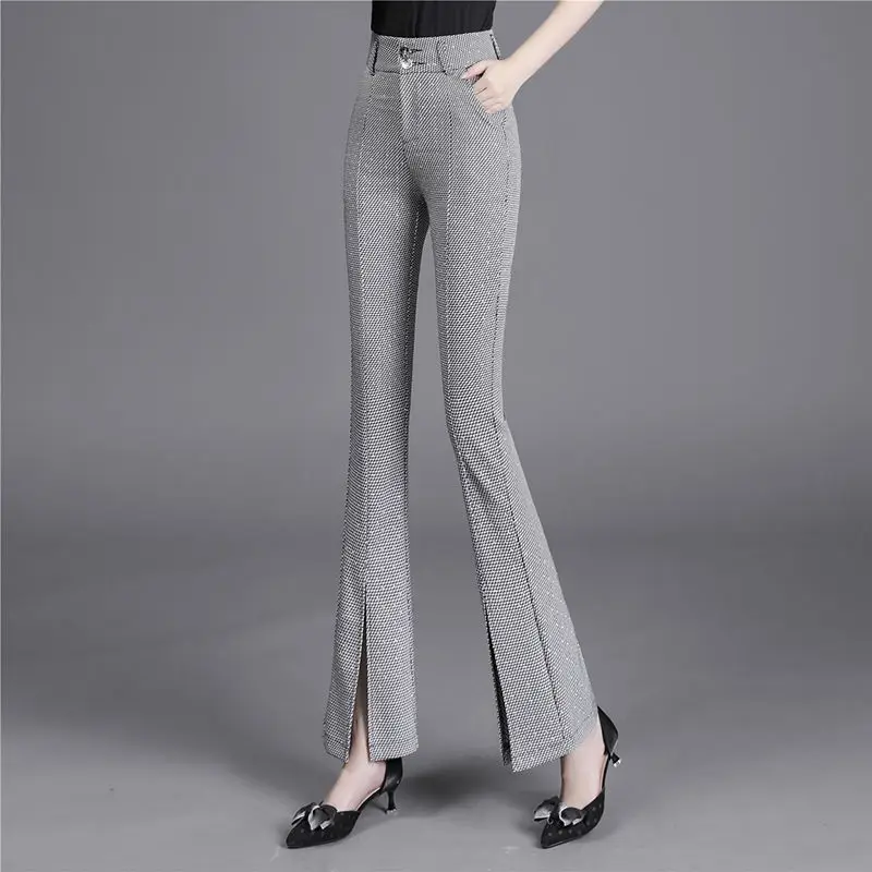 Korean Casual Summer Ice Silk Thin Suit Pants New Women Plaid Pockets High Waist Split Fashion Office Lady Slim Flare Trousers