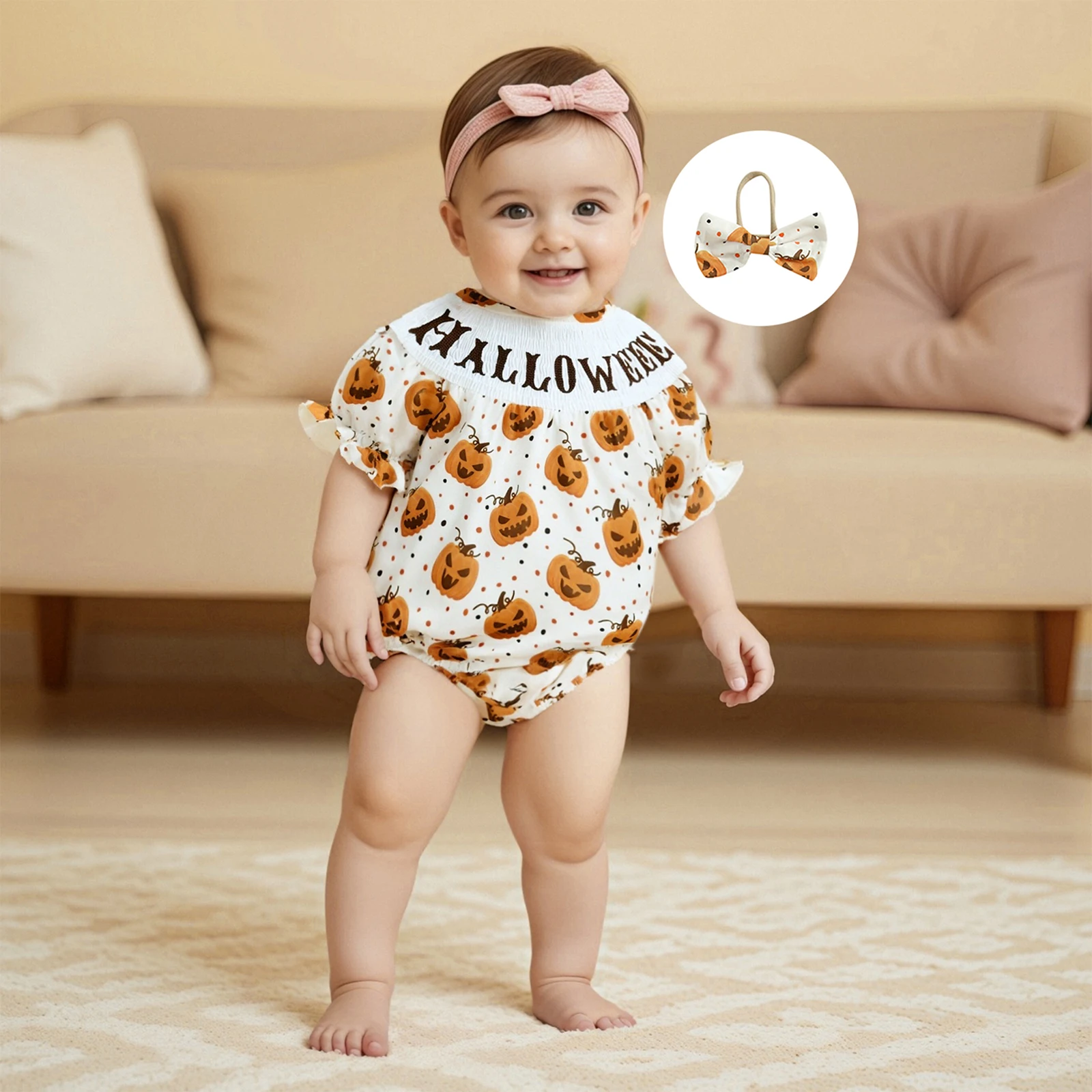 

Baby Clothing Girls Rompers Halloween Clothes Letter Embroidery Pumpkin Print Bodysuits Jumpsuits with Headband Clothes