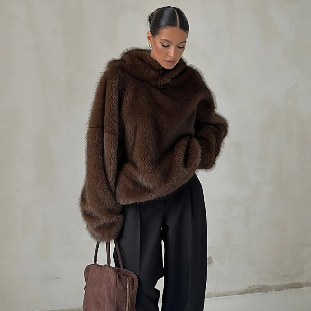 VGH Luźny płaszcz ze sztucznego futra z kapturem dla kobiet, długi rękaw, patchworkowa kieszeń z przodu, kurtka z imitacji futra lisa, damska, zimowa