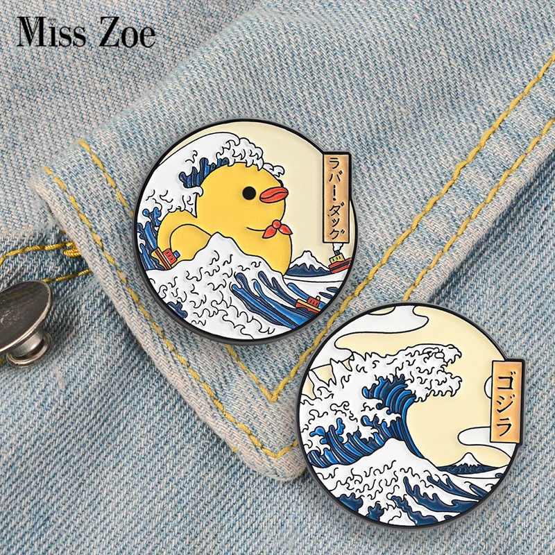 Kanagawa Gummi Ente Emaille Pins Ukiyo-e Ocean Wave Monster Broschen Revers Abzeichen Cartoon Schmuck Geschenk für Freunde