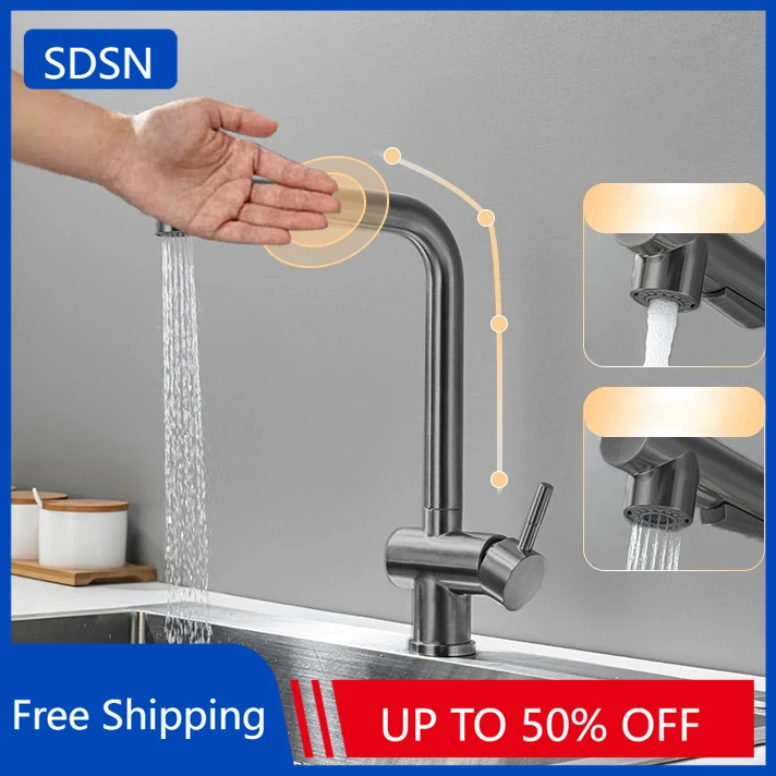 

Серый сенсорный кухонный смеситель Handfree из нержавеющей стали, смеситель для кухонной мойки с горячим и холодным водопадом, сенсорный выдвижной кухонный смеситель