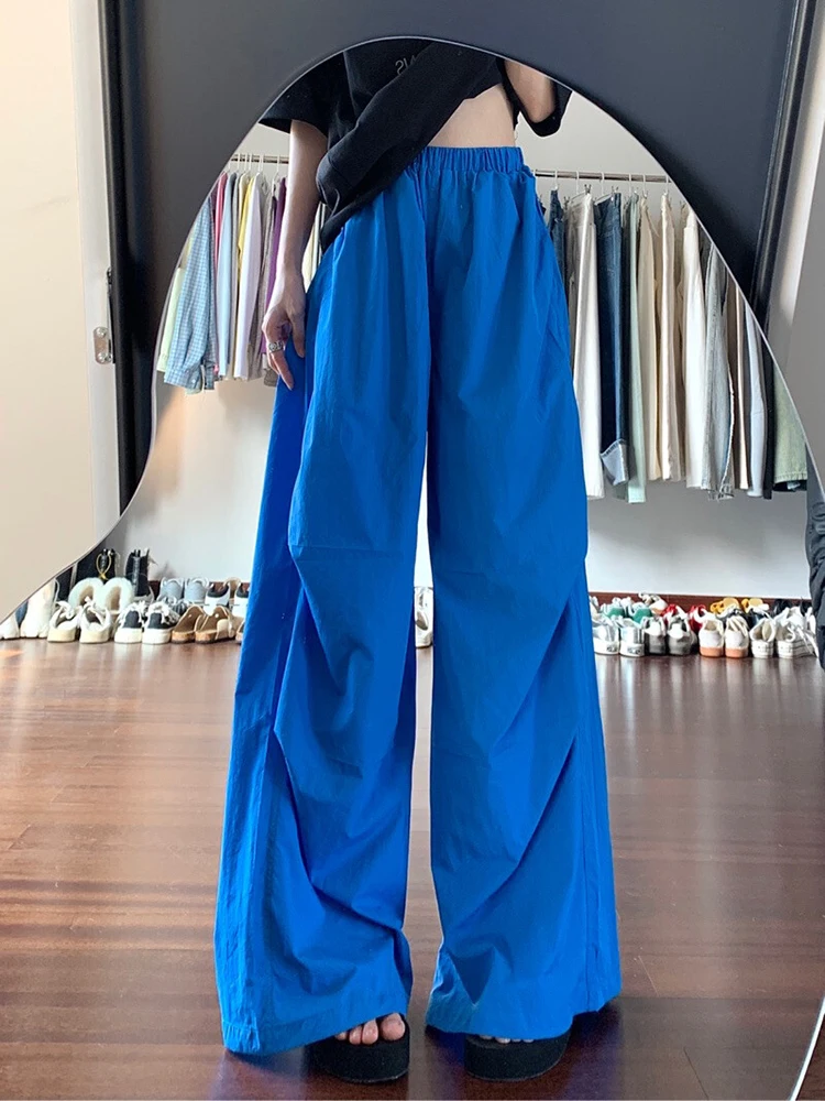 

Американские летние тонкие свободные повседневные брюки Klein Blue для женщин, быстросохнущие, в стиле парашютиста, рабочие, прямого кроя, с высокой талией