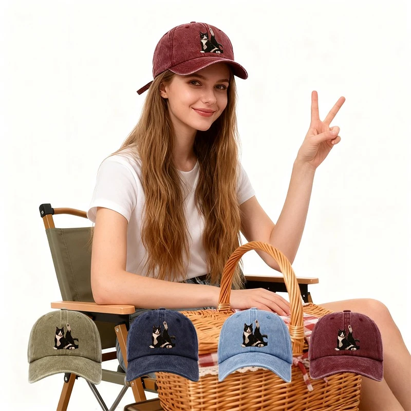 1 Stück Fun Cat Print Retro Washed Baseball Cap, verstellbare, gebogene, leichte Unisex-Accessoires-Mütze für Damen, geeignet für den Außenbereich