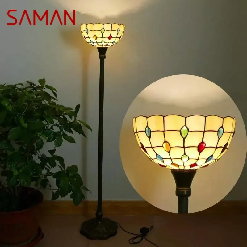 

SAMAN Tiffany Floor Lamp American Retro Living Room Bedroom Lamp Country Stained Glass Floor Lamp