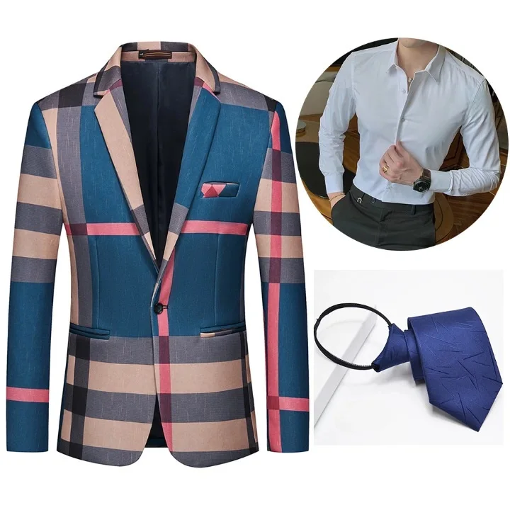 

KIDWHXR Suit Coat Set Man British Style Striped Turn Down Collar Tie Blazer Men Solid Color Shirt Male Slim Business Outfit