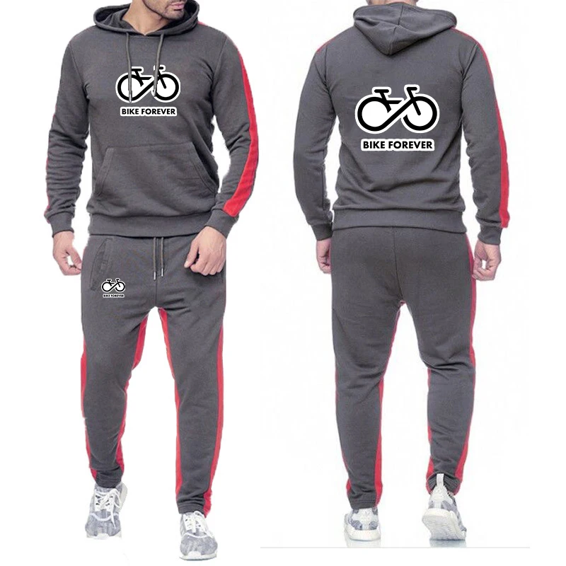 

Bike Forever Print 2025 Men's Autumn And Winter New Solid Color Hoodie + Pants Two-piece Set Fashion Casual Sports Suit