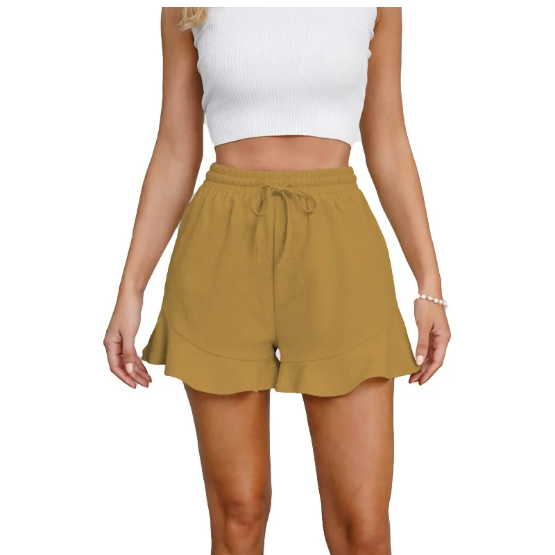Pantalones cortos de lino y algodón para mujer, Shorts de cintura elástica con cordón, ligeros, a la moda, con dobladillo y pierna ancha, elegantes