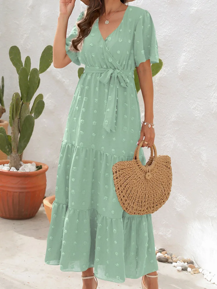 

Casual Loose Maxi Dress Women Summer Short Sleeve V Neck Jacquard Dress Ladies Elegant Fashion Bandage Solid Color Holiday Dress