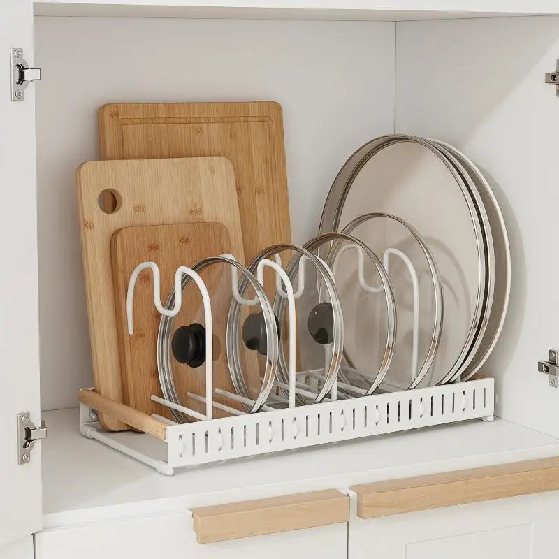 Adjustable Expandable Pots and Pans Organizer Rack Sturdy Kitchen Cookware Holder for Home Renter Friendly Storage