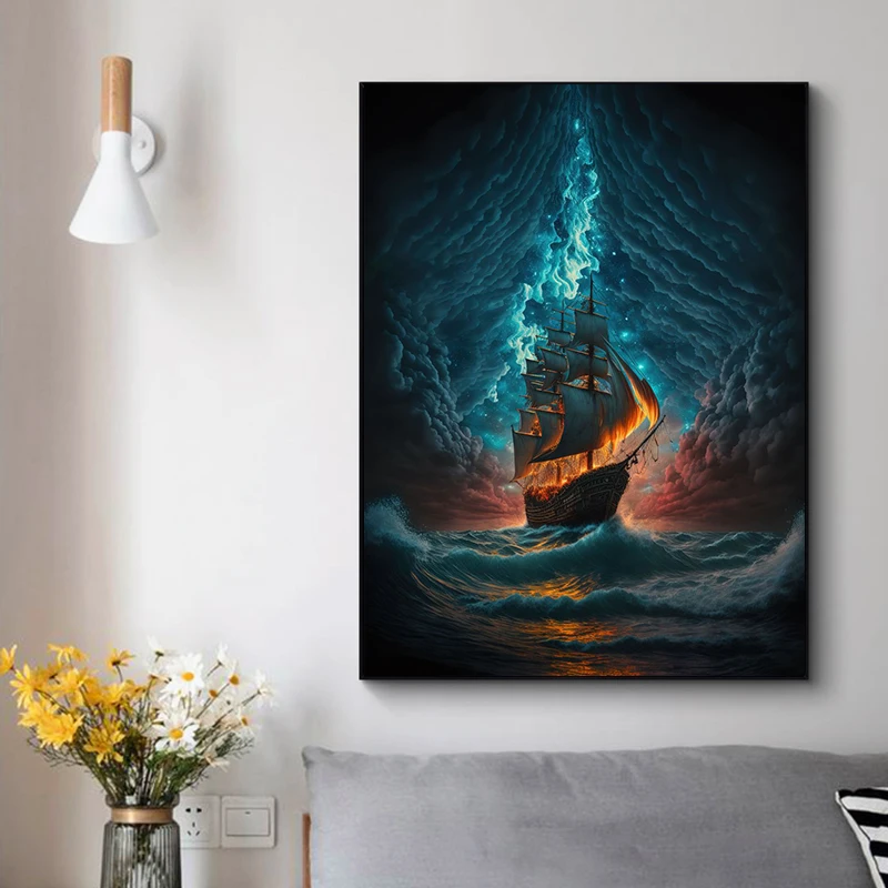 Pirate Ship Poster Sailing Wave  Adventure Ocean Retro picture Canvas Print Poster Wall  Art Decoration painting Home Room Decor