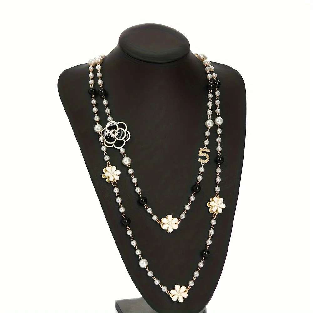 Japanese and Korean style number 5 Double layer flower imitation pearl long necklace Handmade beaded popular necklace