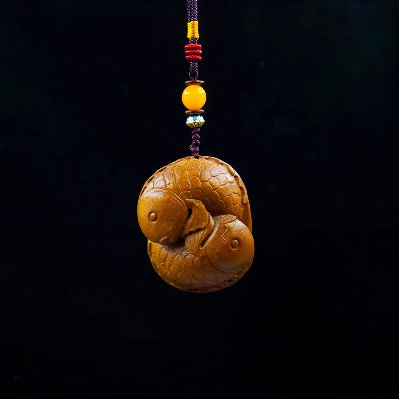 XS1505- 5 CM Two Lucky Fish Figurine Wood Carving Car Bag Pendant Animal Statue Hanging Lucky Netsuke