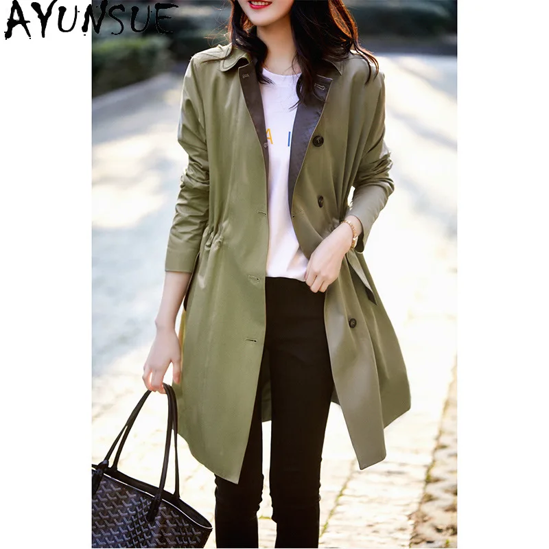 AYUNSUE Trench Coat Woman Solid Mid-length Jackets for Woman Fashion Commuting Long Sleeve Tops Woman Clothes Spring Autumn