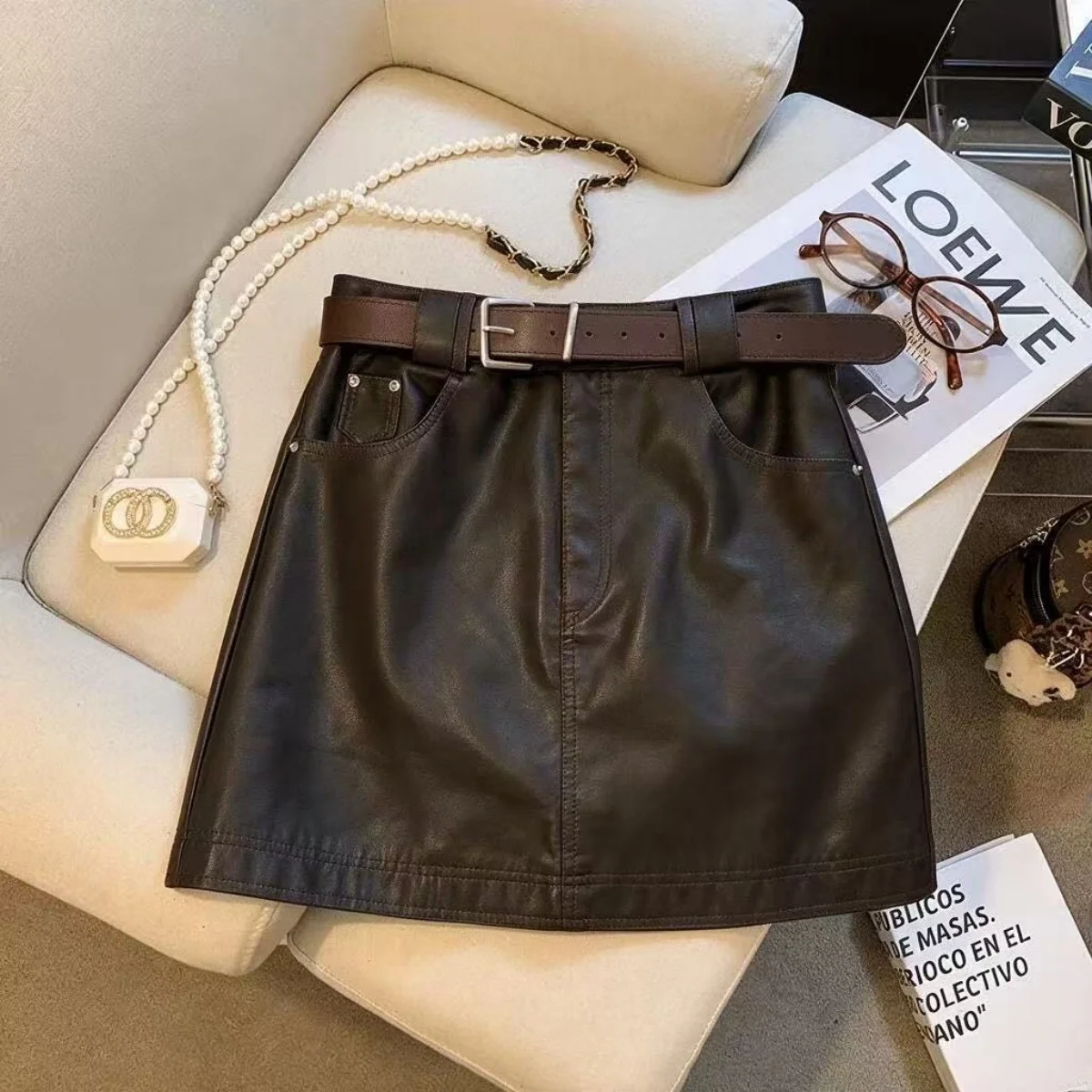 Elegant High Waist A-Line  Skirt with Belt PU Leather Women's Autumn Winter New Style Commute Personality Short Skirt