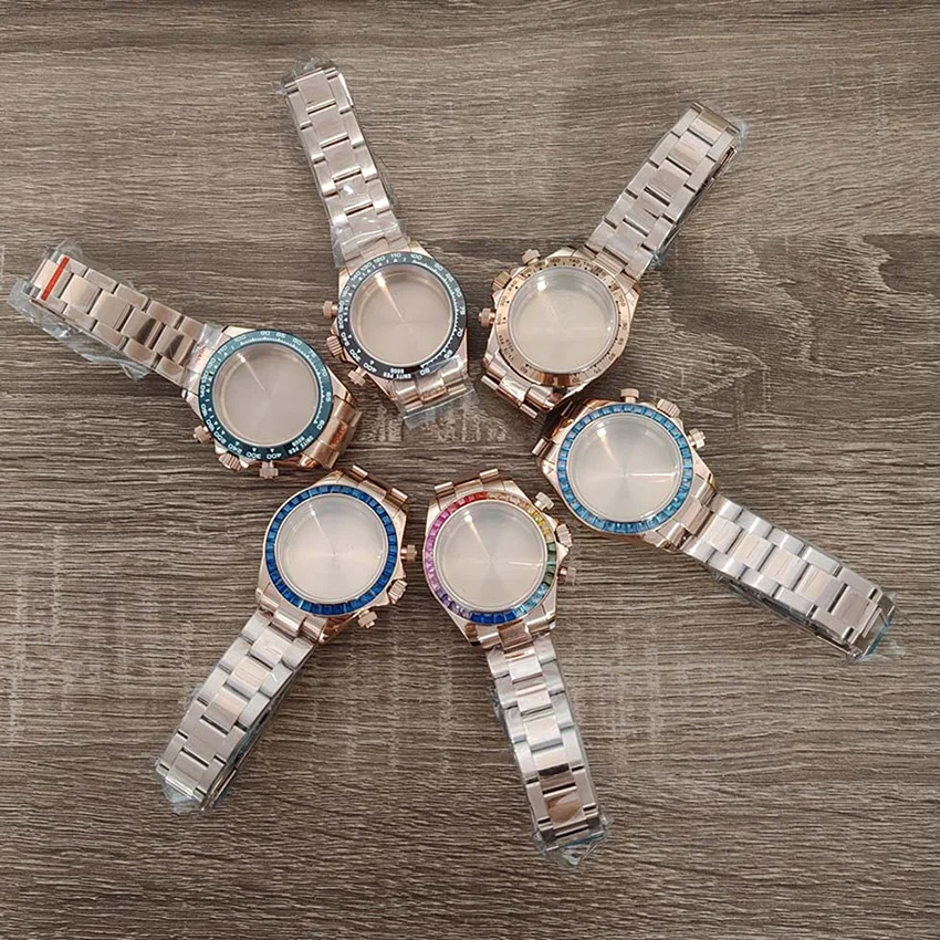 VK63 Case 39mm Rose Gold Stainless Steel Watch Case With Strap Set For VK63 Quartz Movement PVD Sapphire Glass Shell + Bracelet