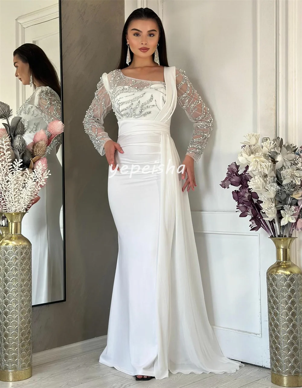 Abiti lunghi con scollo quadrato a sirena con pieghe di perline drappeggiate in chiffon retrò scintillante personalizzato Abiti da cerimonia su misura Pastrol