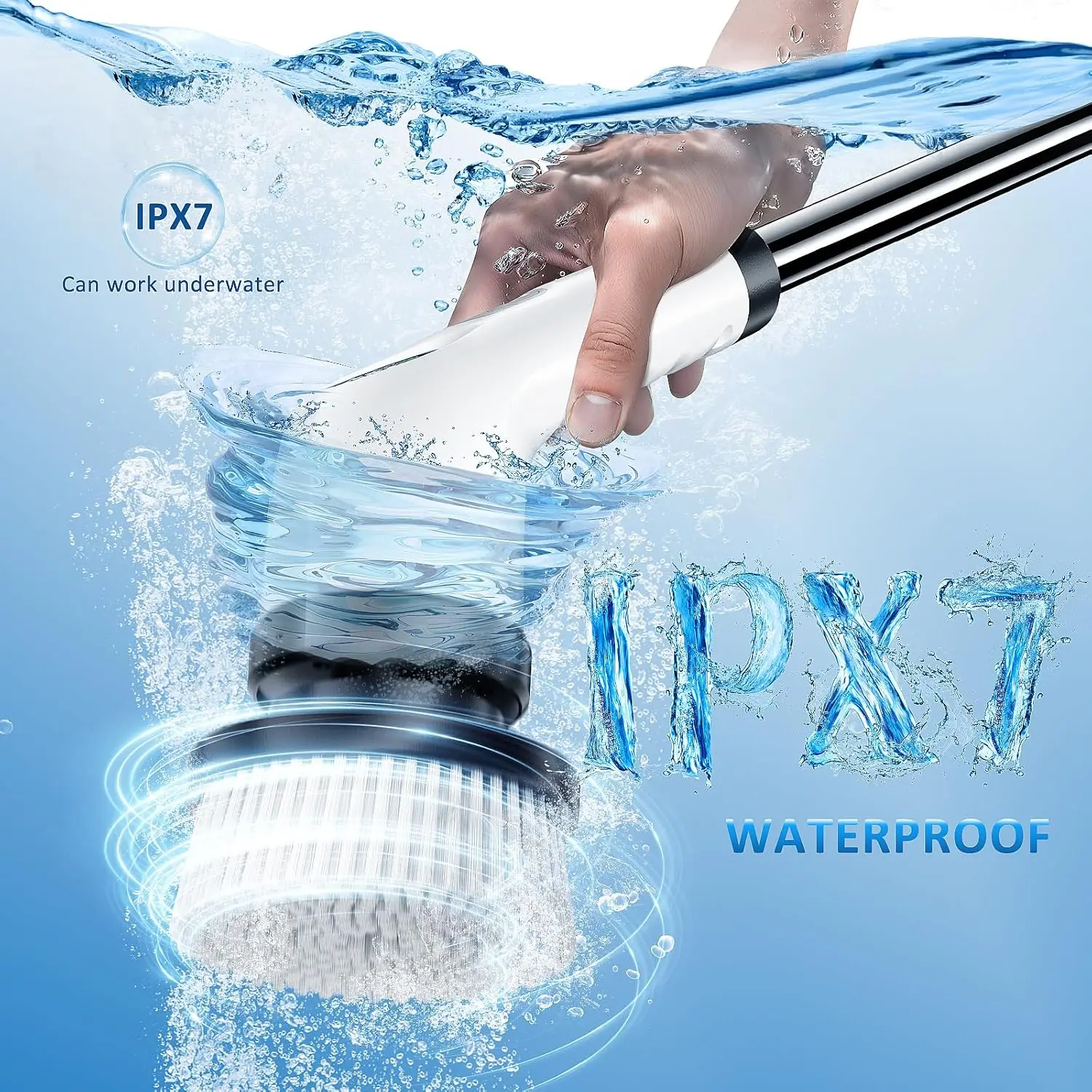 جهاز تنظيف دوار كهربائي مع 7 رؤوس فرشاة، سرعتان، مقبض طويل، مقاوم للماء IPX7، بطارية ممتدة للحمام والمطبخ والعرض