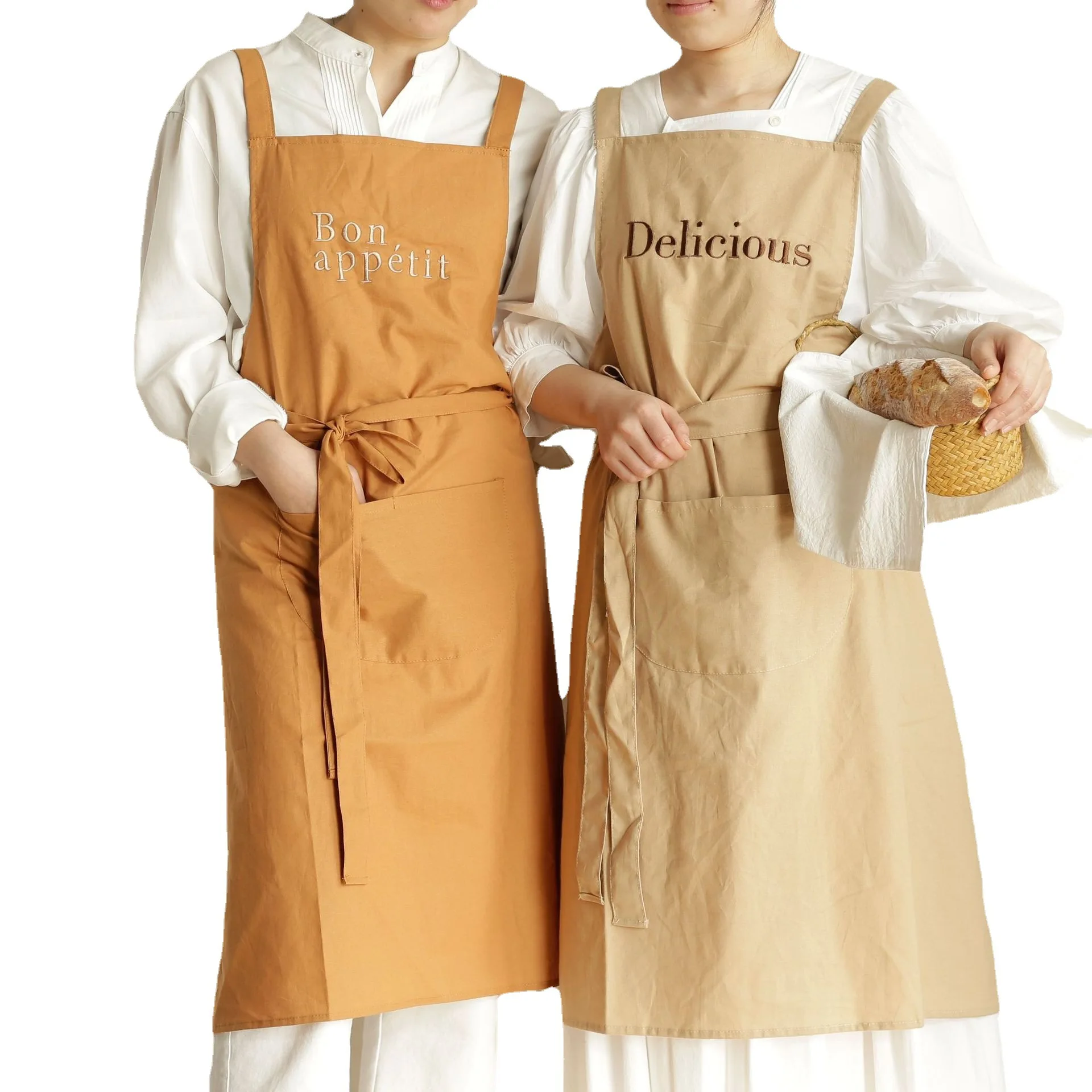 

Simple Sleeveless Embroidered Apron Waterproof and Oil Resistant Baking Kitchen Lace Up Vest Long Apron