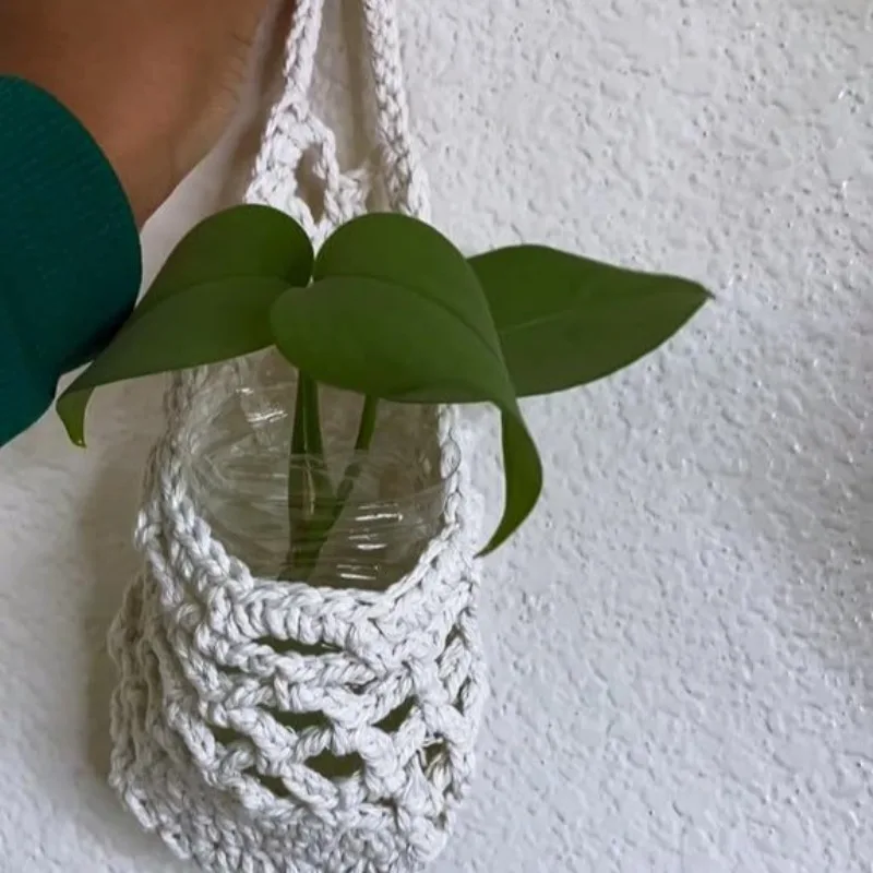 Hand Crochet Hanging Plant Pot Net Bag Wall Mount Fruit Storage Mesh Organizer Space Saving Kitchen Wall Hanging Decor
