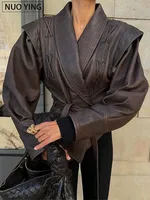 Fashion Leather Woman Short Jacket With Belt Turn Down Collar Long Sleeve Motorcycle Coat Ladies Winter Warm Street Outerwear