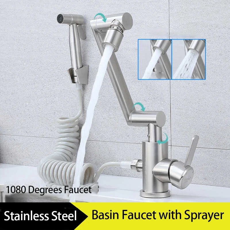 

Смеситель для раковины из нержавеющей стали с боковым распылителем, двухрежимный распылитель, механическая рука, универсальный смеситель, бытовой смеситель для горячей и холодной воды