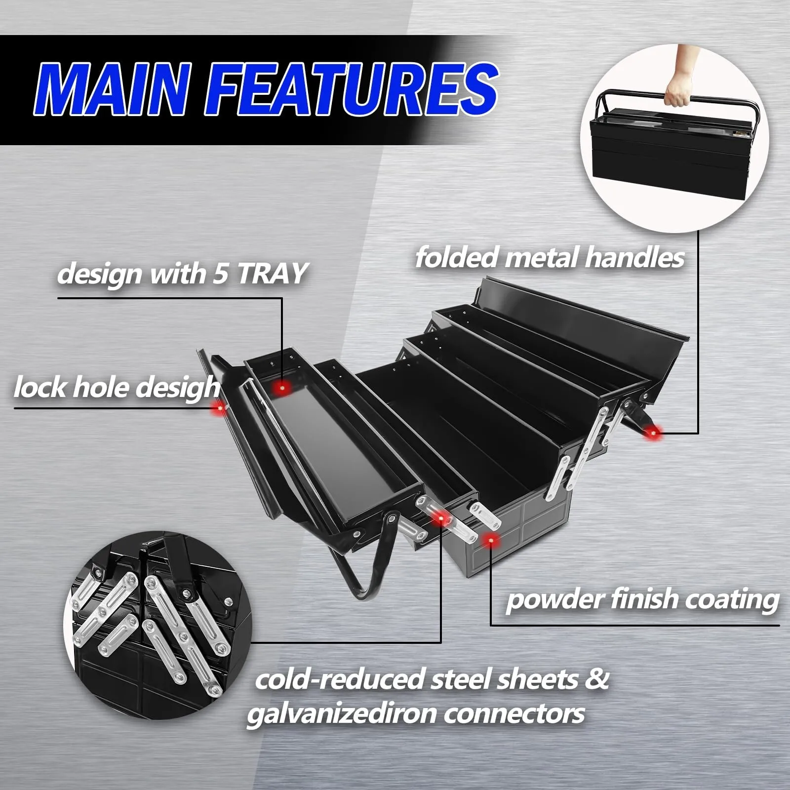 صندوق أدوات عالي التحمل مكون من 3 طبقات مع 5 صواني بتصميم قابل للطي ومنضدة عمل فولاذية محمولة بمقبض 22 بوصة