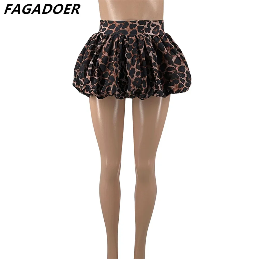 FAGADOER New Leopard Bubble Mini Skirts Plaid Women Elastic High Waist Ruched Pleated Puff Skirts Y2K Streetwear Basic Bottoms