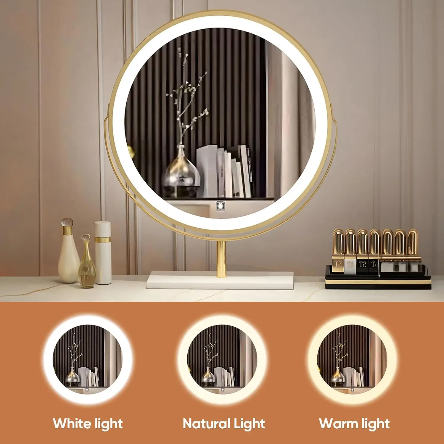 Vanity Set, Modern Vanity Table with Smooth Rock Plate Countertop, Luxurious Dressing Table with Metal Support Legs and LED Smar