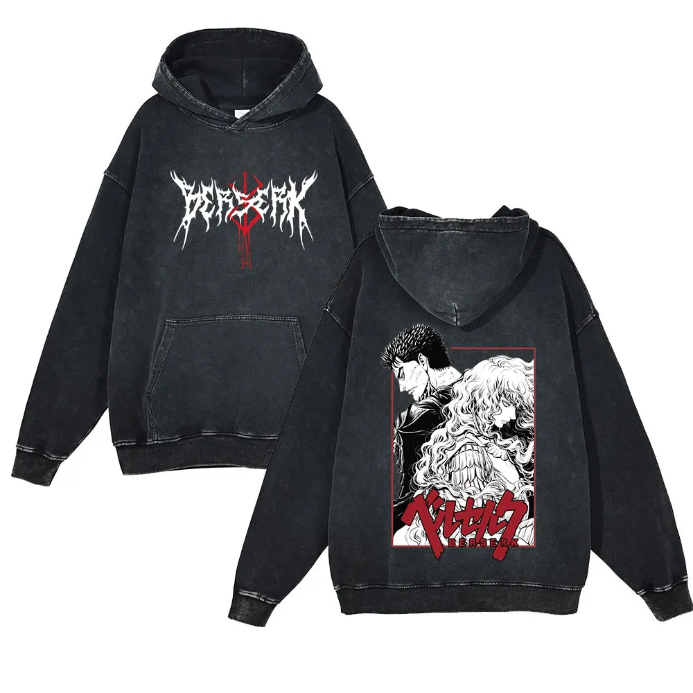 

Anime Berserk Retro Washed Hoodies 100% Cotton Tops Black Acid Vintage Y2K Hooded Sweatshirts Oversize Hip Hop Male Pullover
