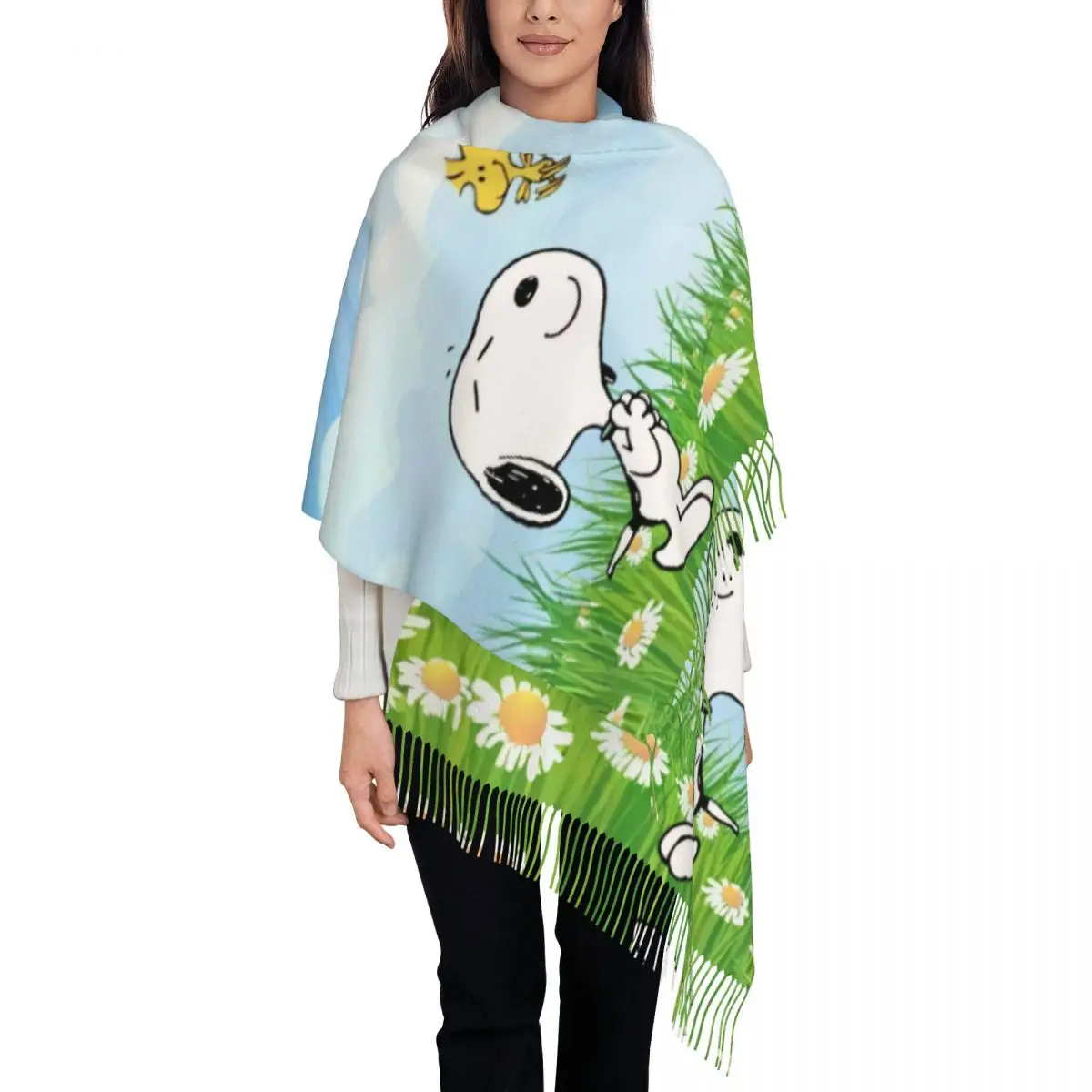 

Custom Female Large Cartoon Snoopy Scarves Women Winter Fall Soft Warm Tassel Shawl Wraps Scarf